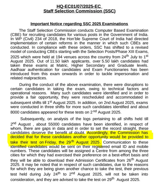 SSC Selection Post Re Exam